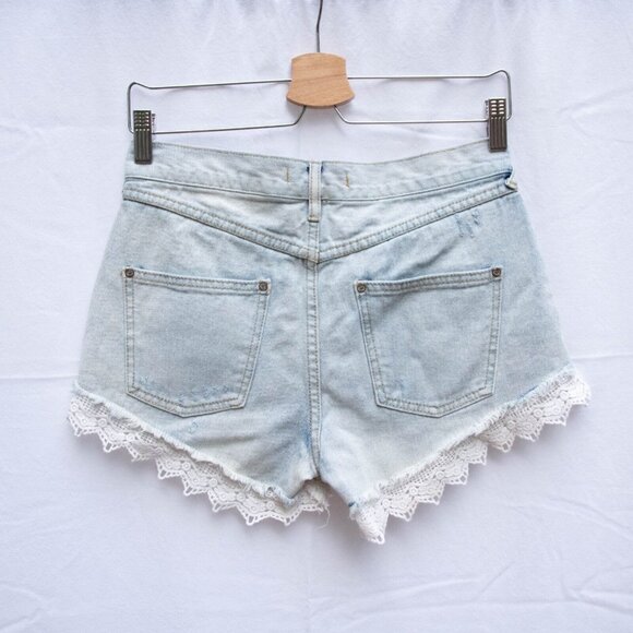 Free People Shorts Womens 25 Blue Lace Hem Boho Festival Light Wash Ripped Denim - Picture 3 of 5